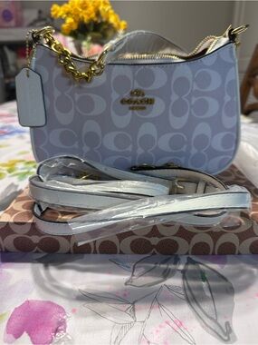 Coach White Signature Mini Shoulder Bag with Gold Hardware